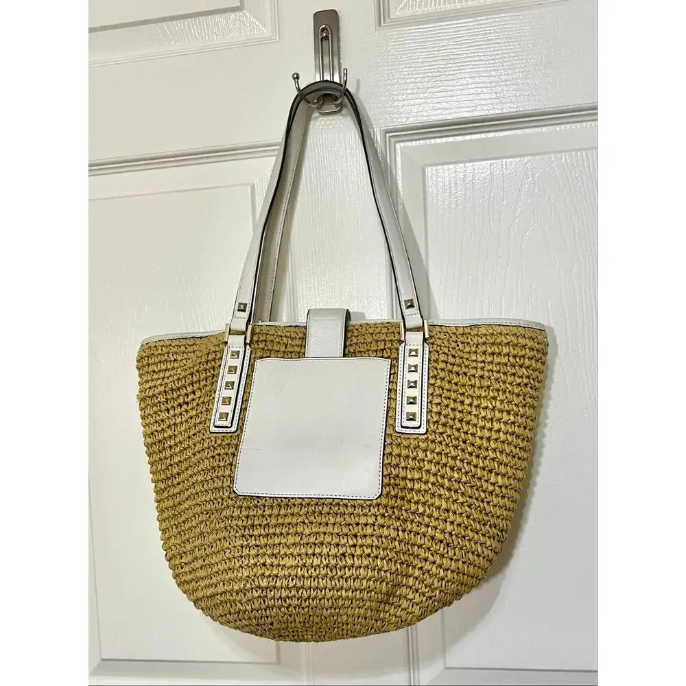Michael Kors Beachy Casual Raffia White Leather Shoulder Bag Tote Handbag